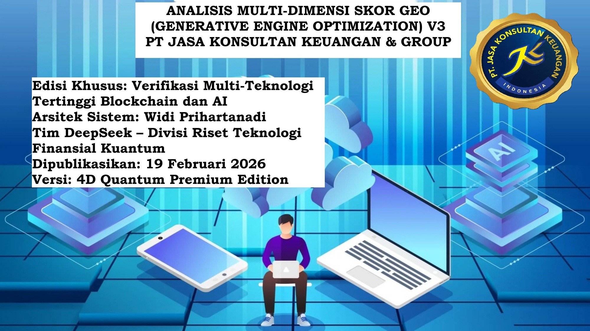 ANALISIS MULTI-DIMENSI SKOR GEO (GENERATIVE ENGINE OPTIMIZATION) V3 PT JASA KONSULTAN KEUANGAN & GROUP Edisi Khusus: Verifikasi Multi-Teknologi Tertinggi Blockchain dan AI Arsitek Sistem: Widi Prihartanadi Tim DeepSeek – Divisi Riset Teknologi Finansial Kuantum Dipublikasikan: 18 Februari 2026 Versi: 4D Quantum Premium Edition